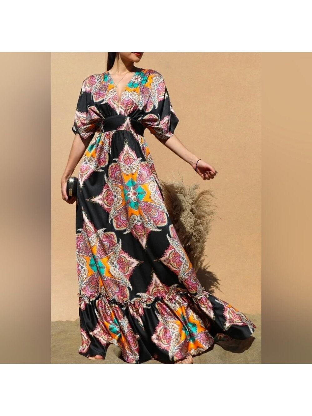 Dress Day Black Multi Paisley Satin Maxi Dress Medium